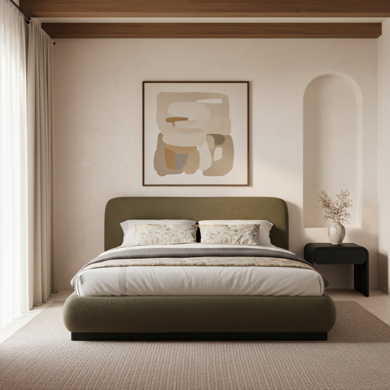 Rigby Upholstered Platform Bed, Queen, Olive Boucle Fabric
