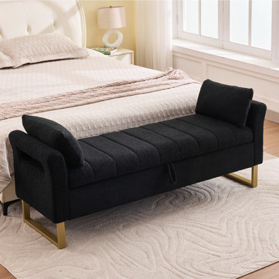 66"W Upholstered Flip Top Teddy Storage Bench King Size with Gold Legs,Curverd Armrest and 2 Pillows 