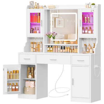 Makeup Vanity with Adjustable Lighted Mirror and Charging Station, Vanity Table with 3 Drawers & 2 Cabinets, White