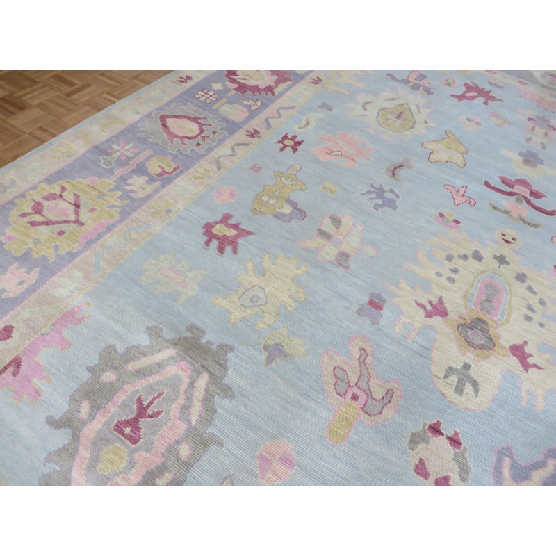 Tapis oriental bleu Oushak coloré noué à la main 12 x 14 pi 10 G15137
