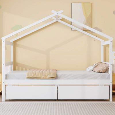 Lit simple en bois avec tiroirs, blanc