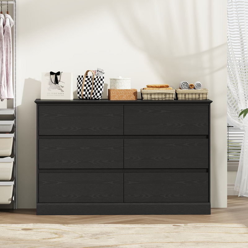 6 Drawer Double Dresser, 47.5" W Modern Wood Chest With Deep Drawers For Bedroom, Black