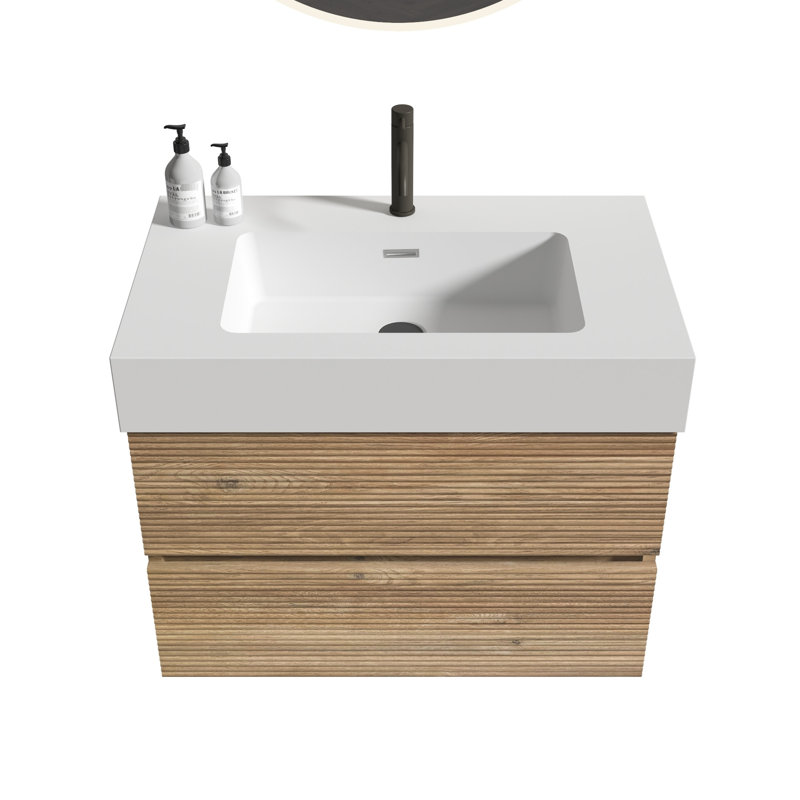 Meuble-lavabo de salle de bain avec finition chêne, fixation murale à double tiroir, revêtement E0, conception silencieuse, poignée dissimulée