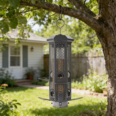 Squirrel Proof Bird Feeder With Weight-Activated Ports, All-Metal Weatherproof Design, Removable Base For Easy Cleaning, 6 Feeding Ports And 3LB Seed Capacity
