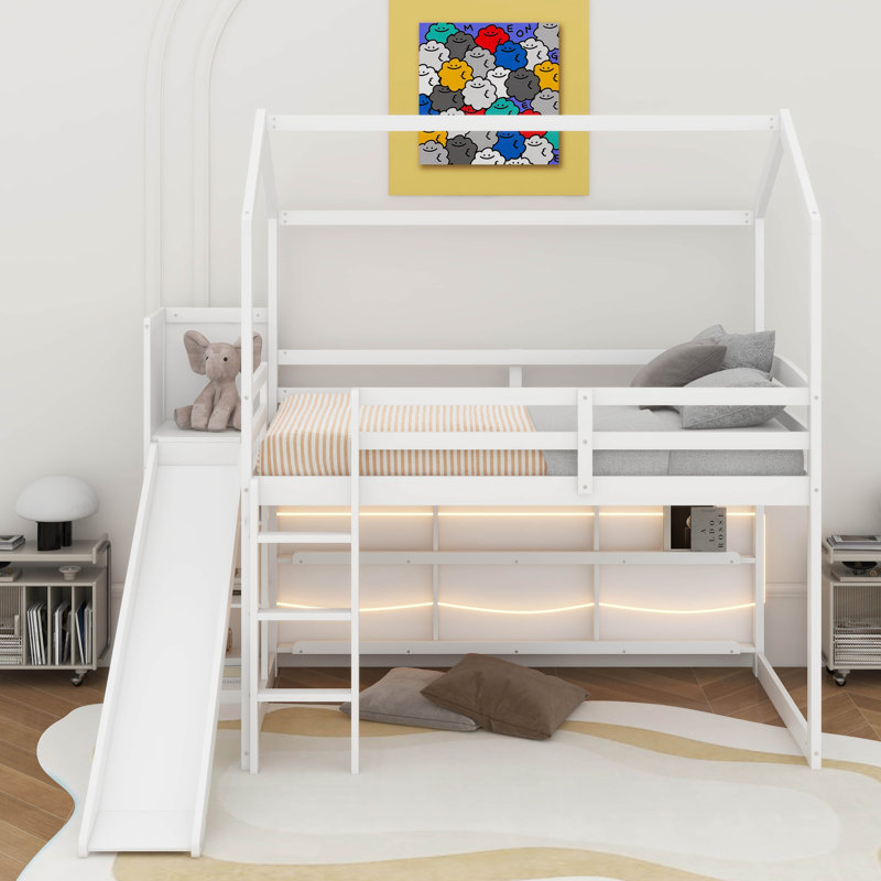 Twin Size Wood House Loft Bed With Slide, Storage Shelves And Light, Climbing Ramp, White