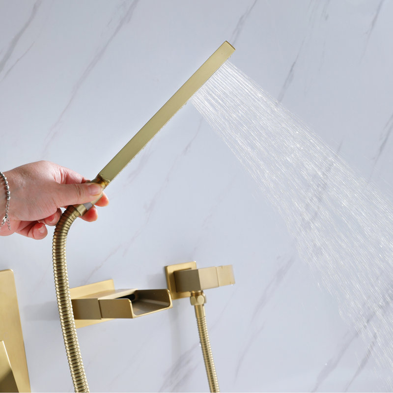 Waterfall Spout Wall Mount Tub Faucet With Hand Shower, Rough-In-Valve Include, Brushed Gold