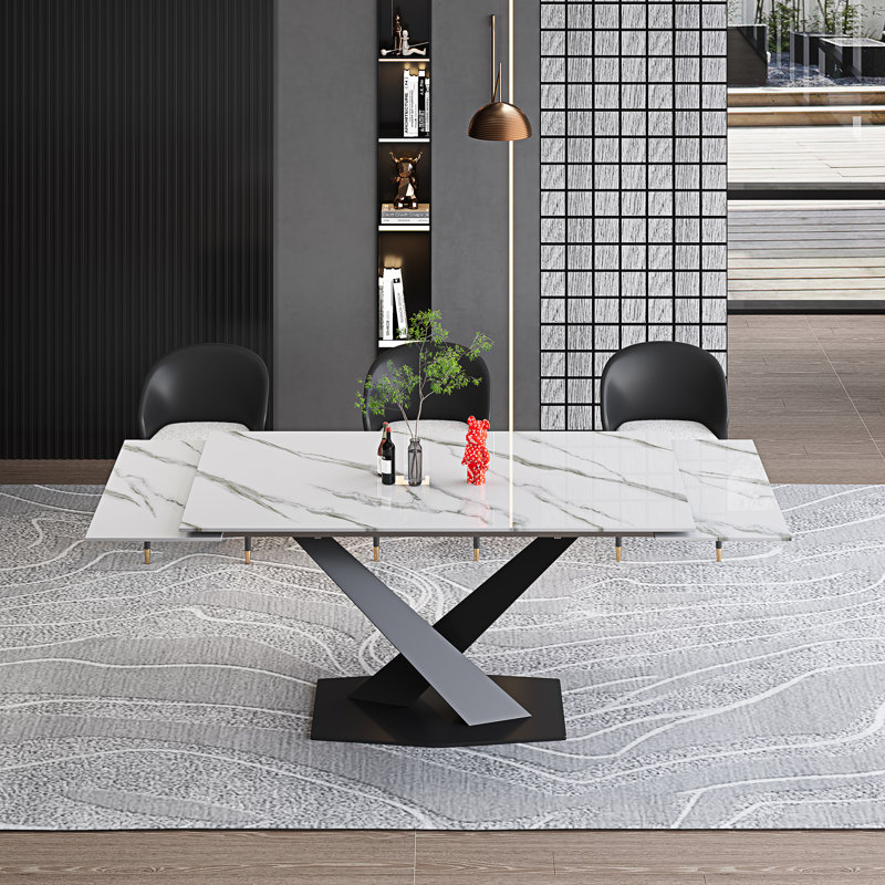 Table de salle à manger extensible de 63 à 94,5 po pour 8 à 10 personnes avec plateau rectangulaire en pierre frittée et base en acier
