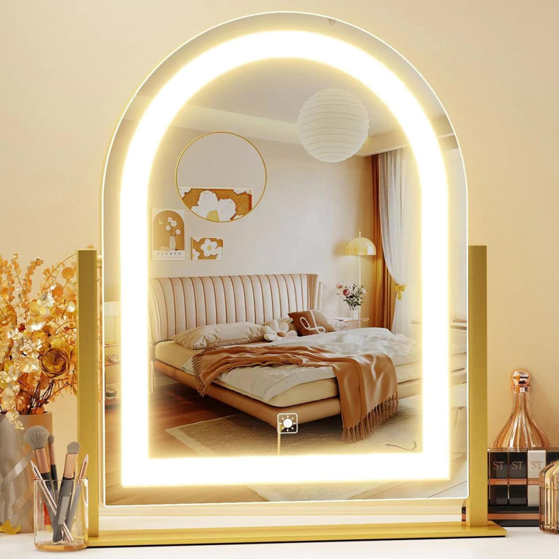 Miroir de maquillage courbé et éclairé, miroir de coiffeuse éclairé Smart Touch, Doré, 17,2 po x 13,6 po