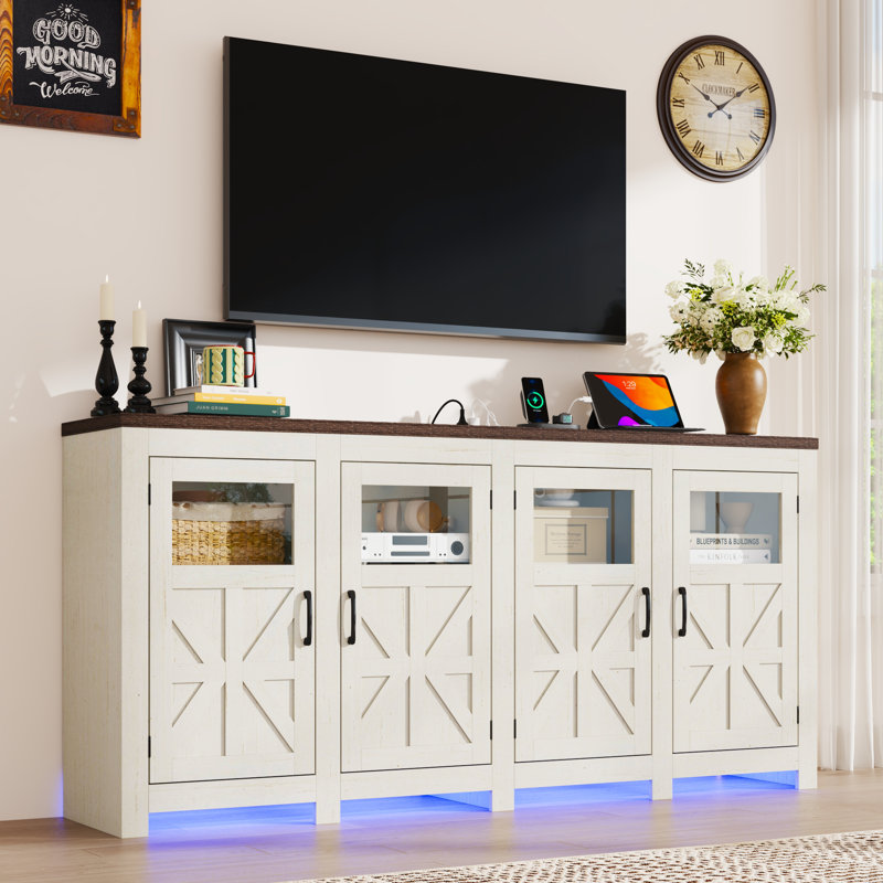74" LED Farmhouse TV Stand For Tvs Up To 85" With Power Outlets And Adjustable Shelves, White/Brown