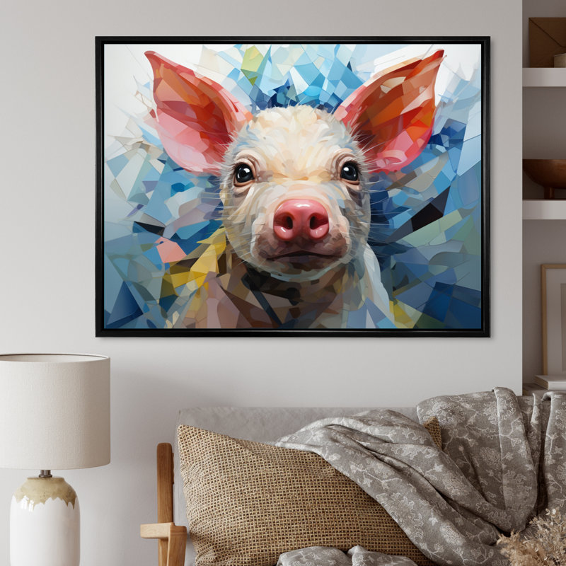 «Pink Curious Piglet», reproduction géométrique sur toile, H 34 po x l 44 po x P 1,5 po, Cadre flottant noir
