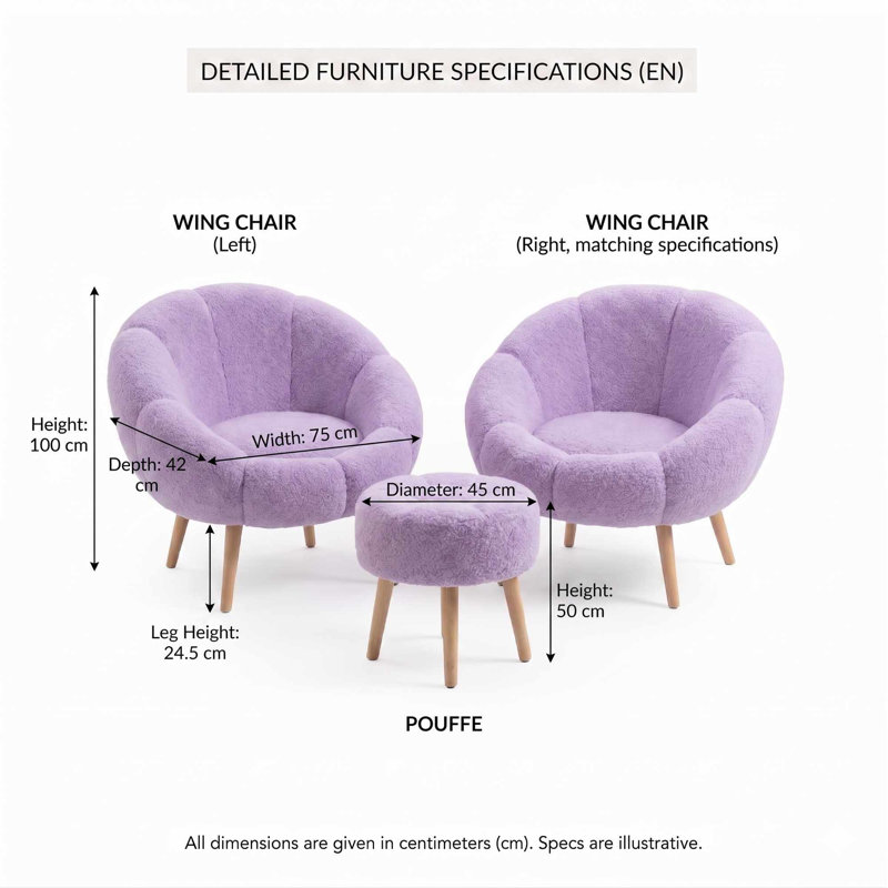 Ensemble de fauteuil à oreilles et pouf (3 pièces), Lilac Polyester Blend