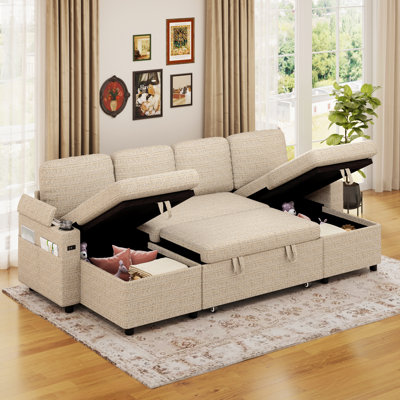 Corner Sofa Bed, U-shaped Sleeper Sectional Couch Bed, 3-in-1 Convertible Pull Out Sofa Bed With Adjustable Backrest, Storage, Usb And Cup Holder For Living Room