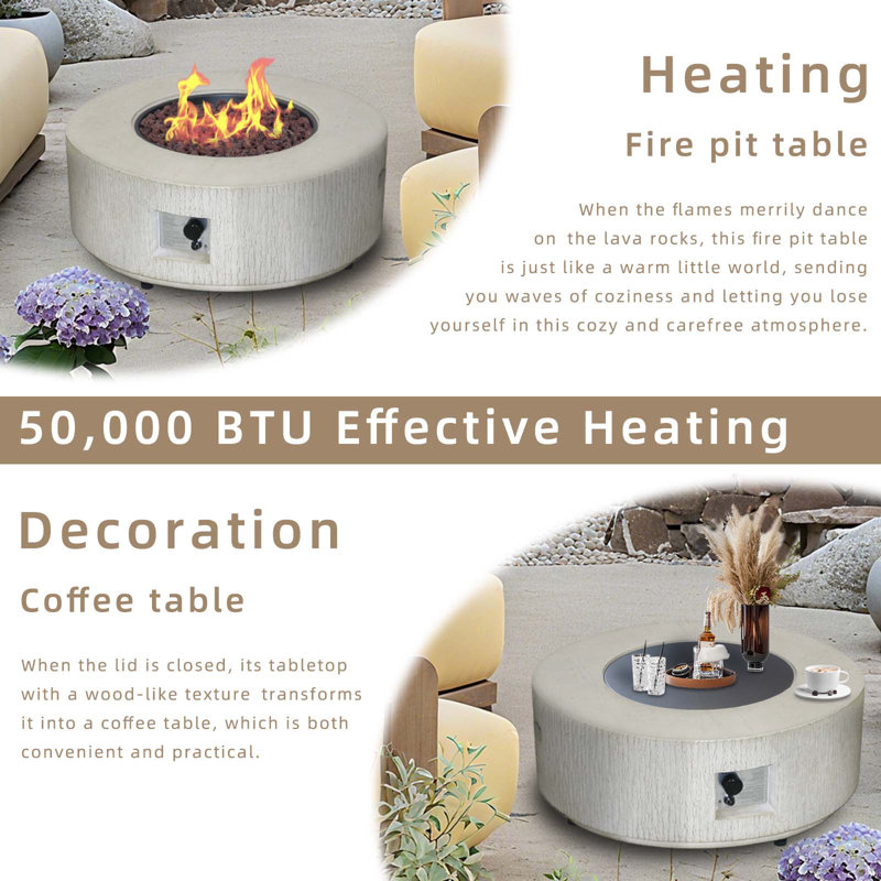 36" Outdoor Round Fire Pit Table, 50000 BTU Propane Gas Fire Pit with Steel lid ,Gray, Gray