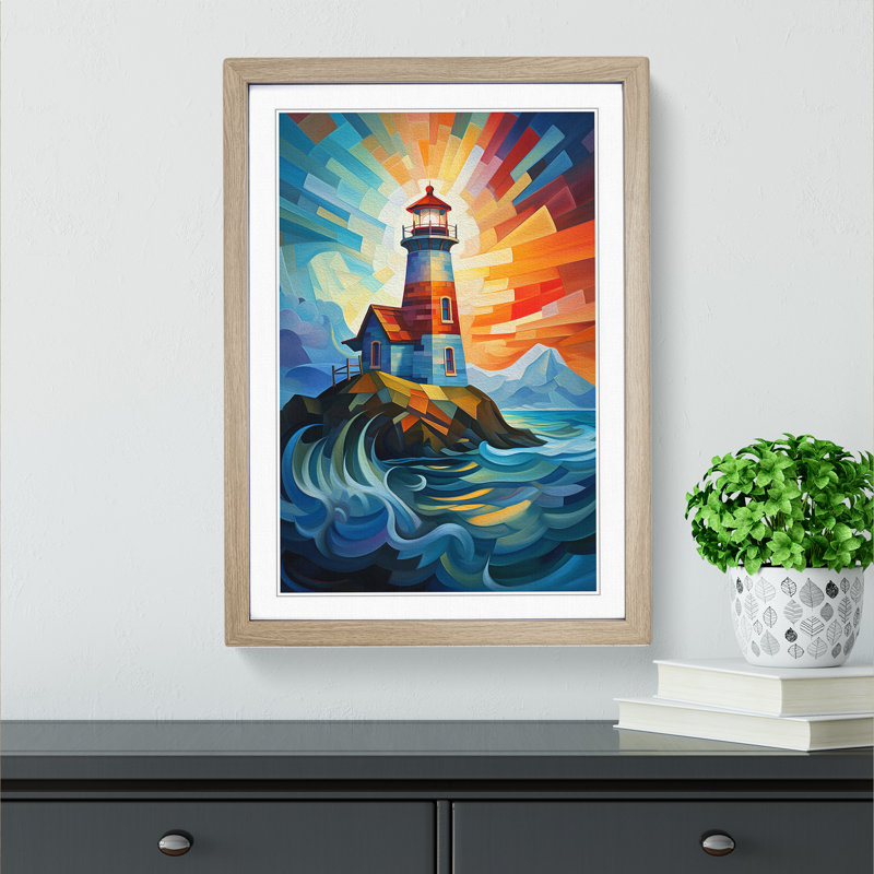 Lighthouse Futurism - Single Picture Frame Print on Wood, 46cm H x 34cm W x 2cm D, Oak Framed