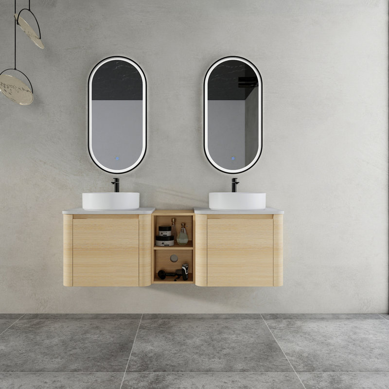 Meuble-lavabo mural 60 po avec lavabo d'art en céramique et 1 tablette de rangement, porte à fermeture en douceur