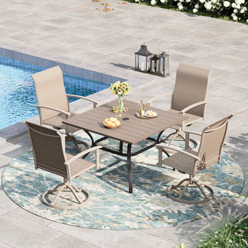 4-Person Square Patio Dining Set With Swivel PVC-coated polyester Chairs, Brush Wood Gray/Sandshell