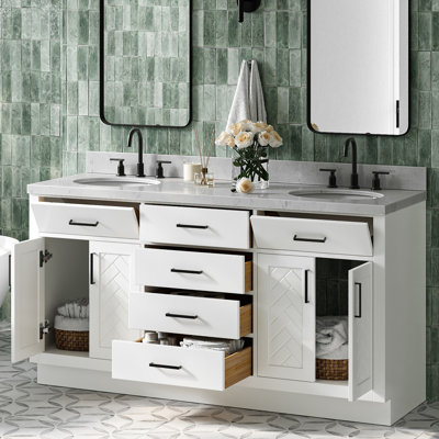 Chevron 66 Inch Double Oval Vanity Bathroom Vanity with Carrara White Quartz Countertop 1.5 Inch in White