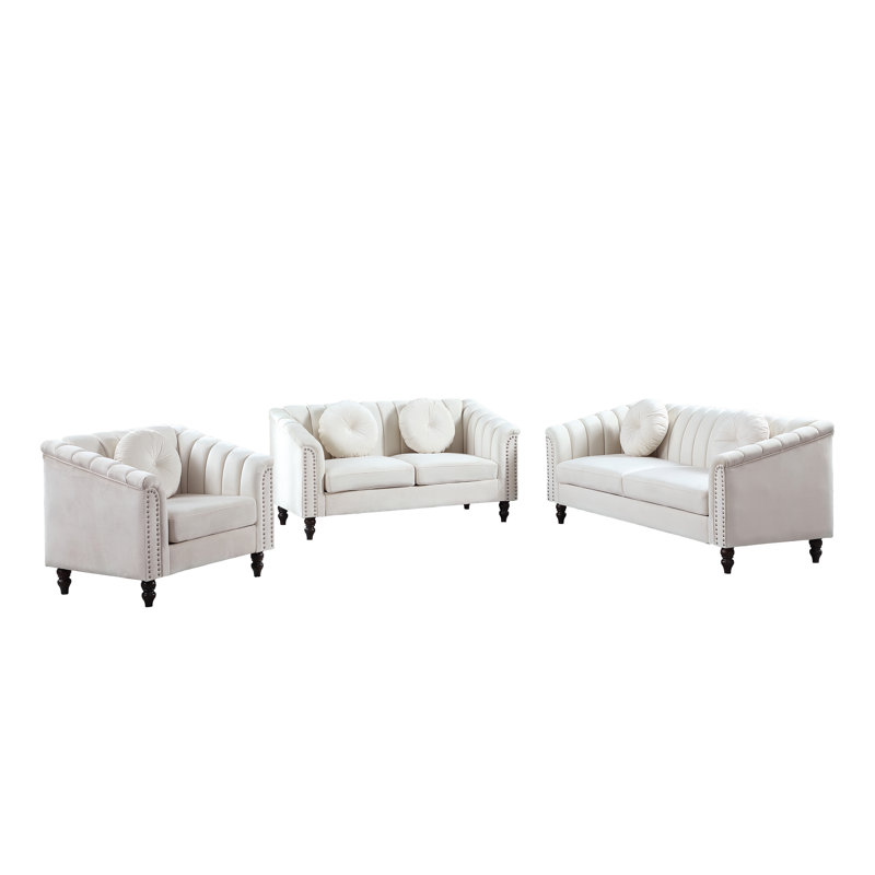 Ensemble de salon 3 pièces Kja, Microfibre blanc cassé