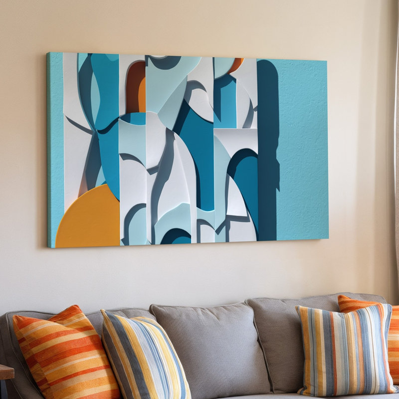 Toile, composition abstraite saisissante avec une série de formes d'art géométriques superposées dans des tons pastel doux, y compris des blancs