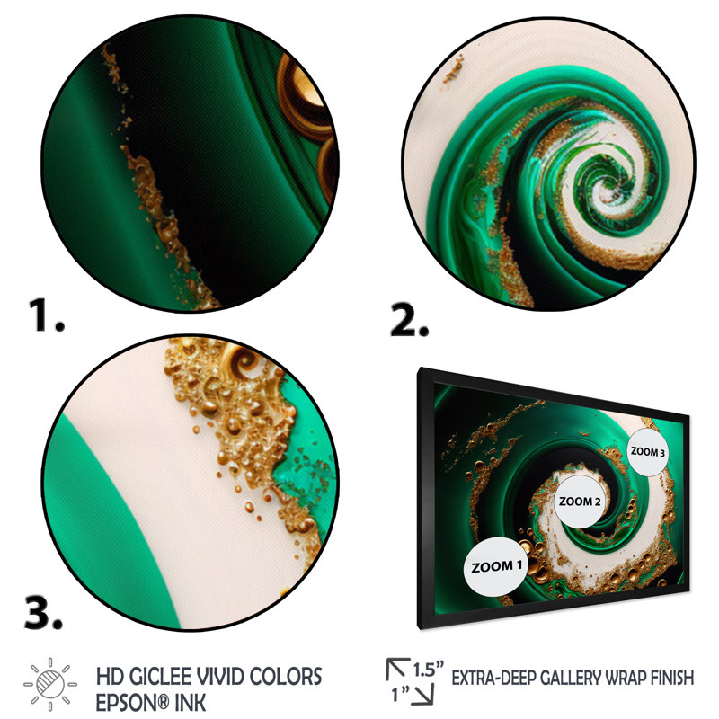 " Green And Gold Crashing Waves I ", Black Picture Framed Canvas, 12" H x 20" W x 1" D