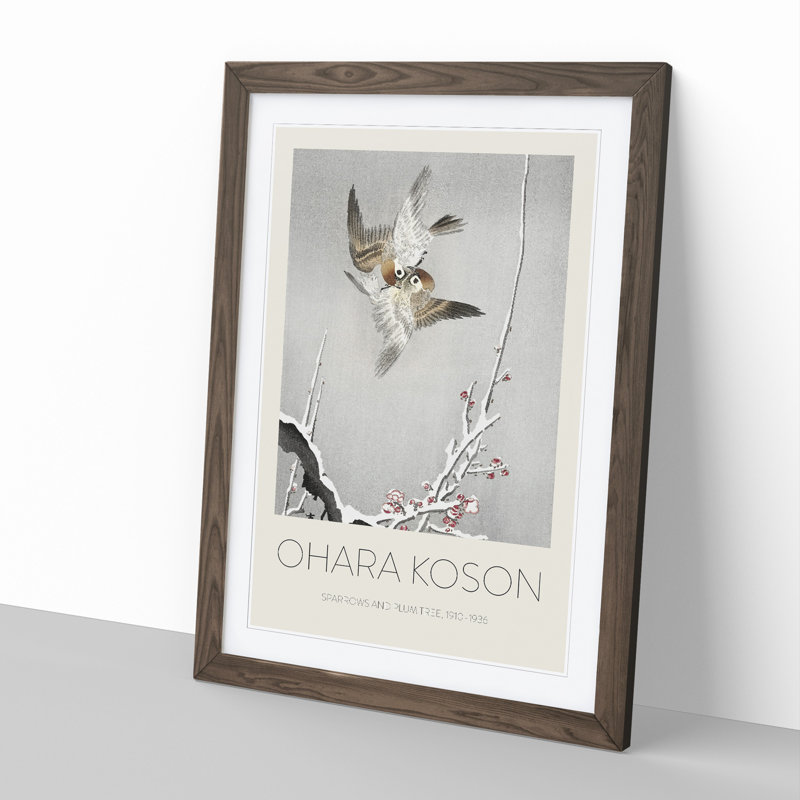 Sparrows & Plum Tree by Ohara Koson - Single Picture Frame Print, Walnut Framed, 36cm H x 27cm W x 2cm D