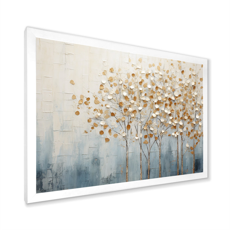 Harmonie d'arbres dorés et bleus V - Arbres, reproductions encadrées, H 16 po x l 32 po x P 1 po, Cadre simple blanc