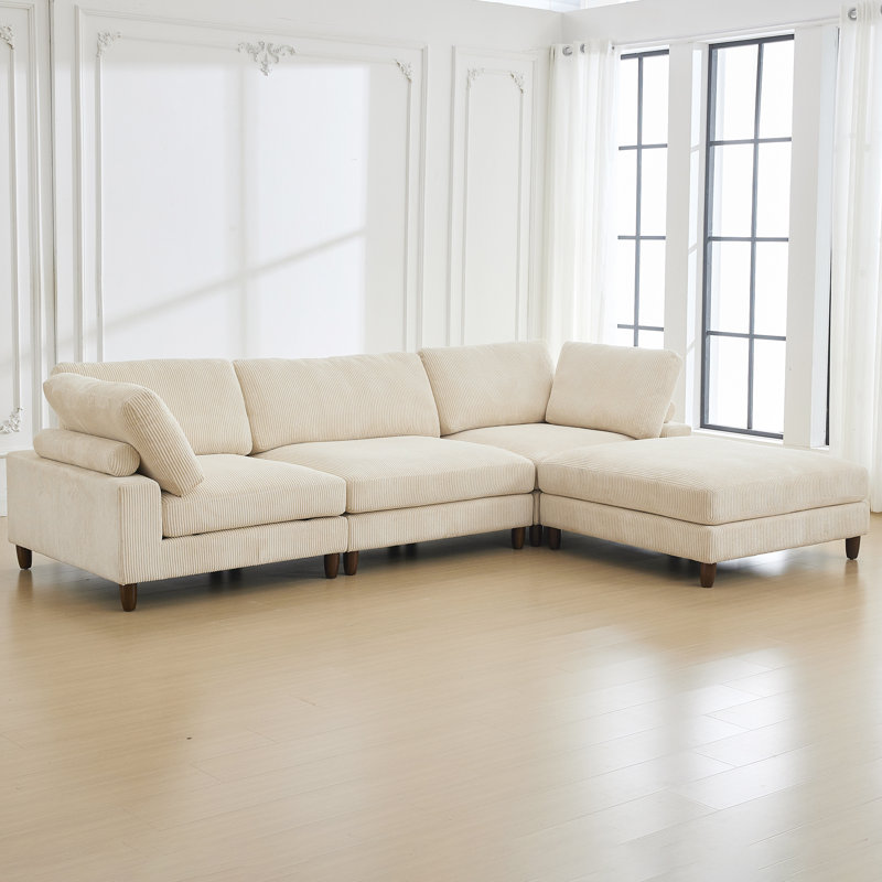 4-Piece Sofa With Ottoman, White Corduroy