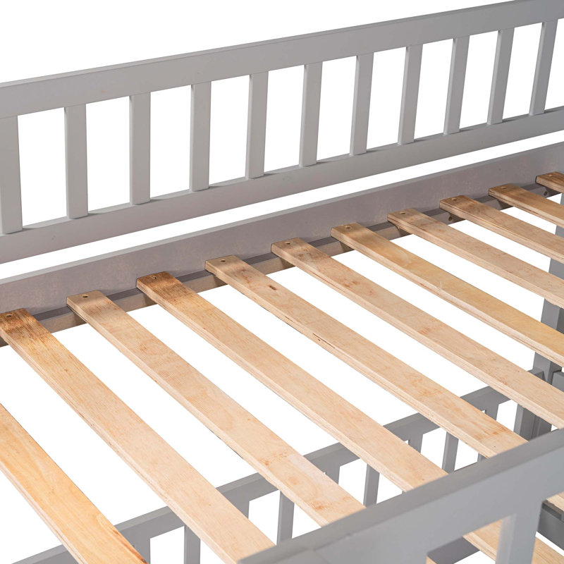 Lit superposé avec glissade, lit superposé simple au-dessus de simple avec clôture et échelle pour enfants, Gris