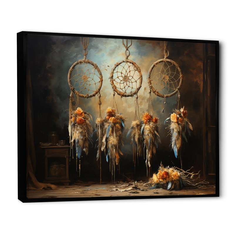 Attrape-rêves beige, attrait rustique I - Dreamcatcher, art mural pour le salon, Cadre flottant noir