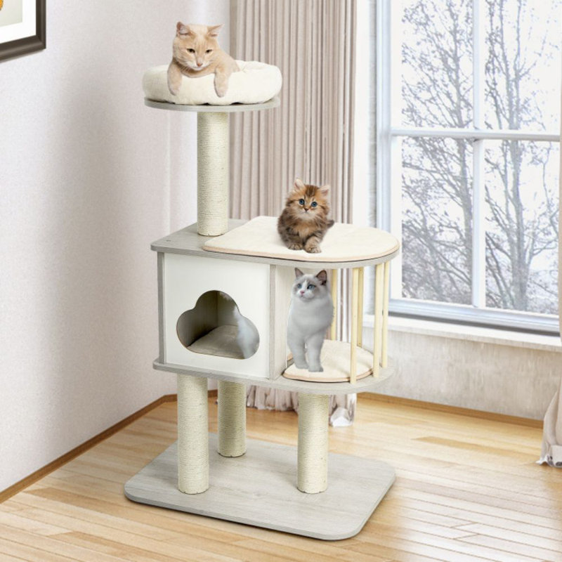 46'' Gray Wooden Cat Tree with Sisal Posts and Cushions
