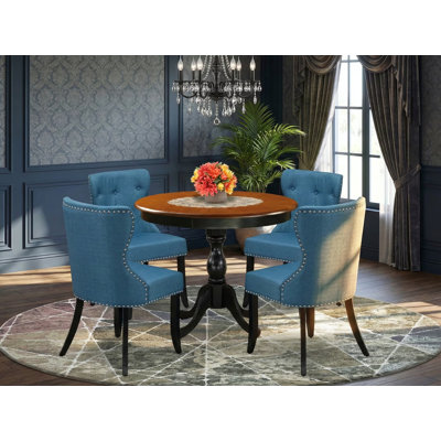 5-Piece Dining Table Set Contains a Mid Century Dining Table and 4 Blue Linen Fabric Midcentury Modern Dining Chairs with Button Tufted Back - Black Finish