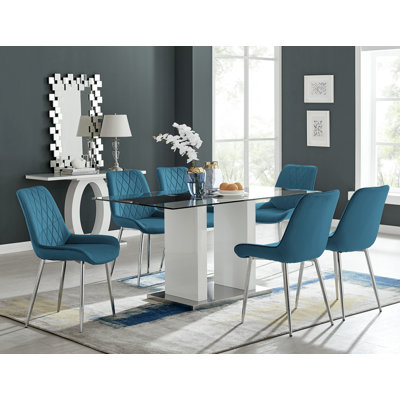 Ransart Modern Luxury Glass & Metal Dining Table Set With 6 Luxury Velvet Dining Chairs