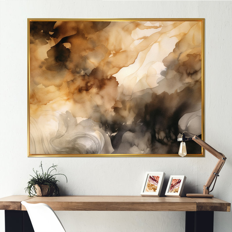 Brun et crème - Fluidité abstraite - art mural abstrait, Cadre flottant doré, H 34 po x l 44 po x P 1,5 po