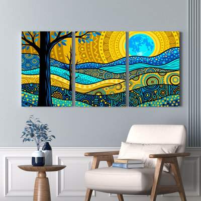 Abstrait arbre et soleil avec toile tendue sur toile, ensemble de 3 reproductions d'art sur toile pour le salon, la chambre ou le bureau