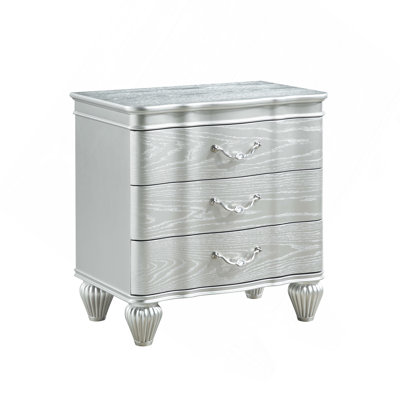 Traditional Style 3-Drawer Night Stand With Metal Drawer Pulls Made With Wood In Silver