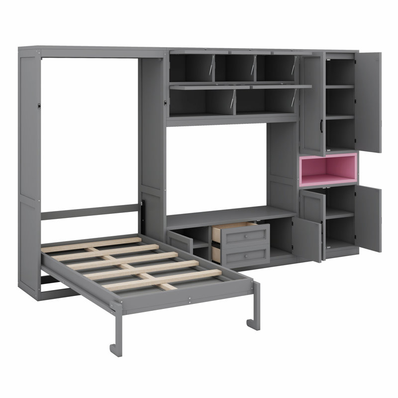 Lit escamotable en bois avec meuble télé, tiroirs, tablettes et armoires, Gris