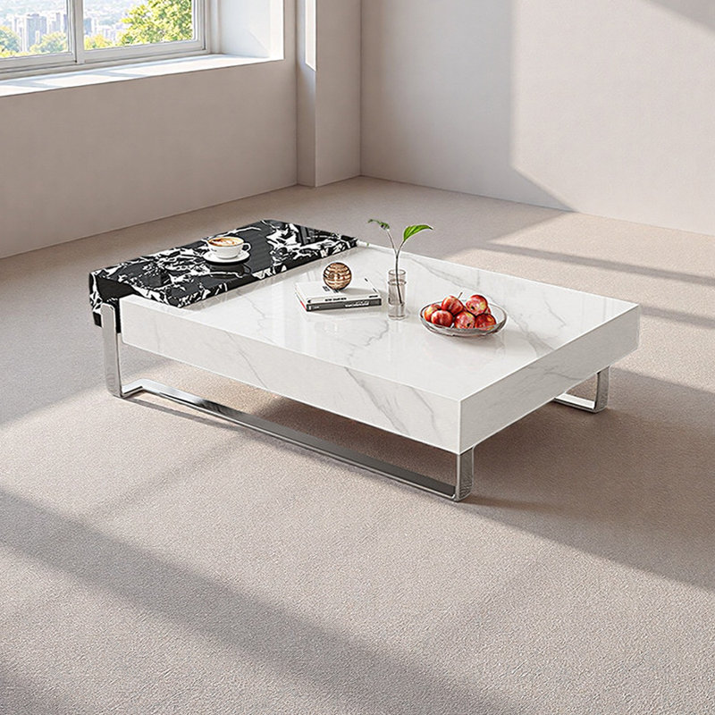 Table basse moderne avec pieds en métal, H 13,77 po x L 55,11 po x l 31,49 po, Blanc / noir / gris clair