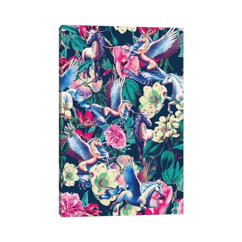 Unicorn And Floral Pattern by Burcu Korkmazyurek - Wrapped Canvas Print, 20.32 cm H x 30.48 cm W