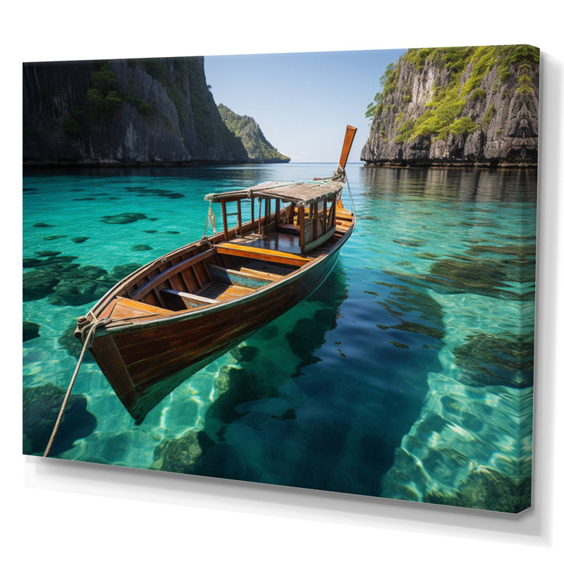 " Boat On Phi Phi Islands Beaches " Mixed Media Print, 16" H x 32" W, Wrapped Canvas