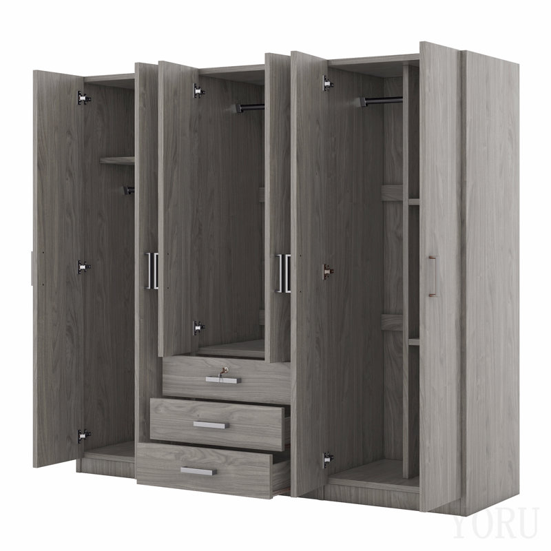 Armoire-penderie 6 portes en bois pour chambre à coucher, avec grands tiroirs, gris