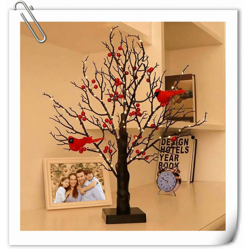 21In Black Birch Tree With 60 Led Lights, Twinkle Tree Lamp With Lighted Branches, Fairy Light Spirit Tree With 2 Red Birds For Room Decor, Easter, Halloween, Thanksgiving, Christmas, New Year, Etc.