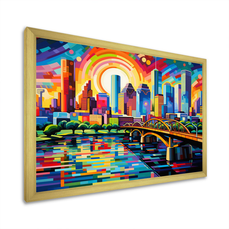 Art urbain sur toile City Houston Popart, H 16 po x l 32 po x P 1 po, Encadrement doré