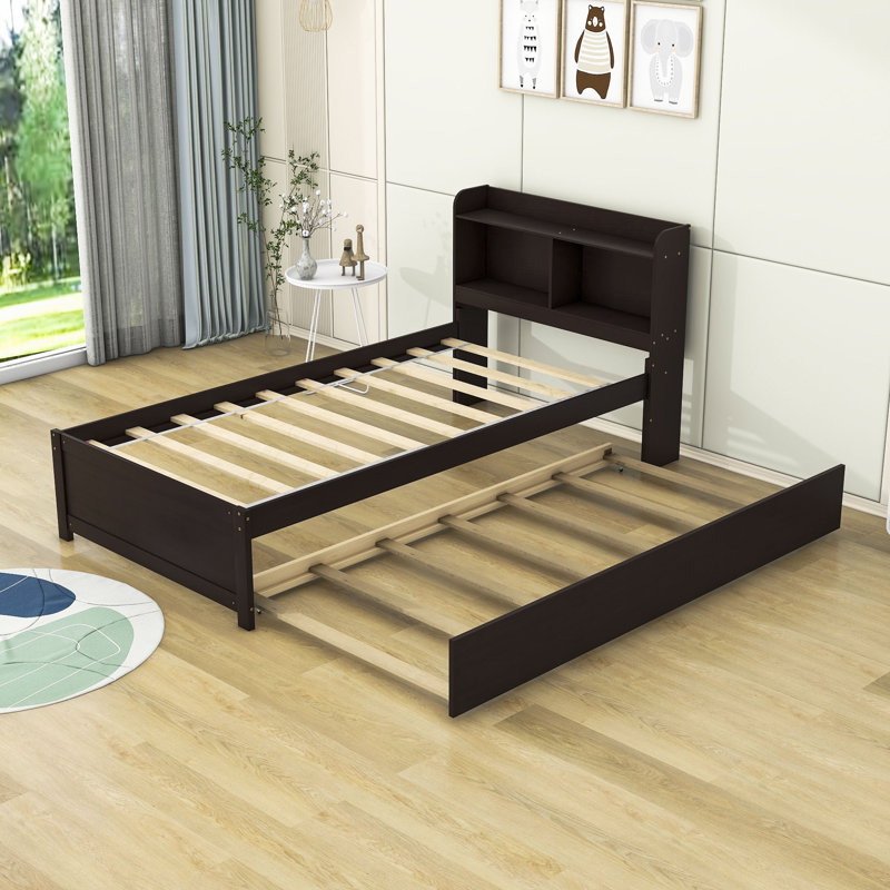 Lit plateforme en bois avec lit gigogne et tablettes, Simple, Espresso