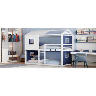 Blue+White Twin Size Bunk Wood Bed With Tent, Tree House Design For A Fun Sleep And Play Space, Pinewood , Slats Better Weight Support, Bedroom Decor Element Feature