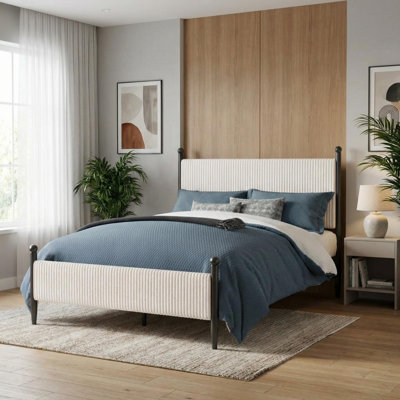 Structure de lit double pleine grandeur avec tête de lit en velours, plateforme en velours côtelé doux avec support en lattes de bois et pieds robustes, sans sommier, sans bruit, assemblage facile, blanc