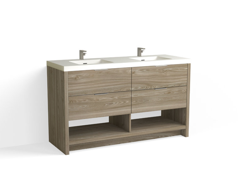 Vue 60" W Freestanding Double Bathroom Vanity, Matte White/Single, Nimbus, Satin Nickel