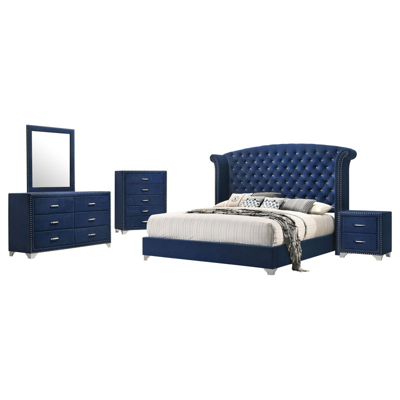 Ensemble de chambre avec grand lit 5 pièces Kennedy Pacific Blue, Bleu, Cinq pièces : lit, table de chevet, commode, com