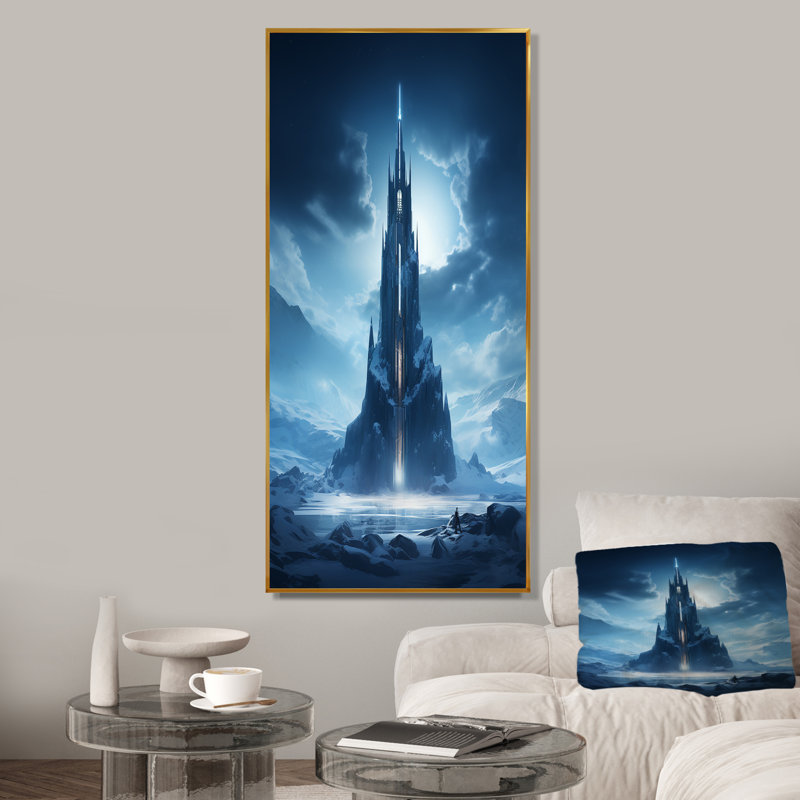 Citadelle bleue, château fort, art mural, Cadre flottant doré, 40" H x 30" W