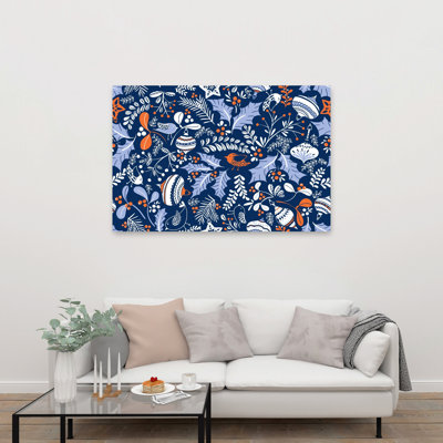Christmas Birds And Berries Whimsical Abstract Contemporary Bird Pine Forest Nature Wall Art Print 1 Piece Wrapped Canvas Wall Art