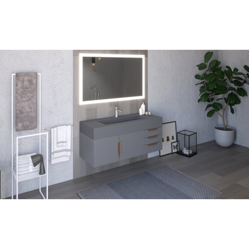  Floating Modern 48" Wall-Mounted Single Bathroom Vanity Set with Mirror, Gray, Gray, Gold